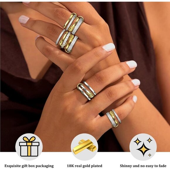 Stackable Rings Women Non Tarnish 18K Gold Silver Mixed Metals Gift - Picture 3 of 7